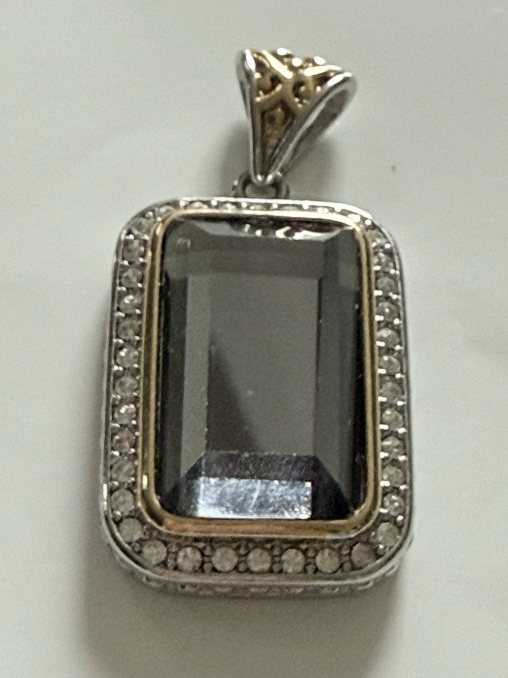 💨 Rectangular Smoky Quartz Pendant with CZ Halo and Gold and Silver Tones